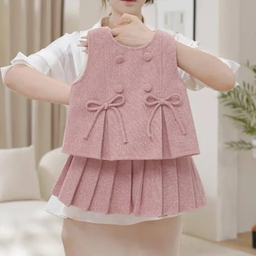 ست دو تیکه ژیله و دامن پلیسه صورتی