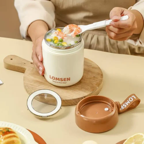 فلاسک غذا استیل همراه با کیف عایق دما و قاشق برند Lomsen مناسب برای همه سنین