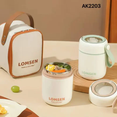 فلاسک غذا استیل همراه با کیف عایق دما و قاشق برند Lomsen مناسب برای همه سنین