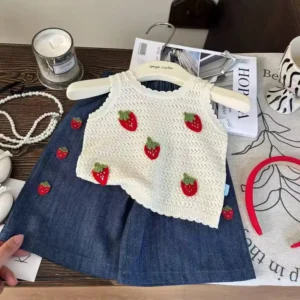 ست تاپ و شلوارک طرح توت فرنگی (مناسب کودکان ۲ تا ۷ سال)