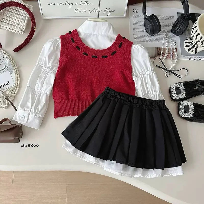 ست سه تیکه شومیز، دامن و ژیله دخترانه (مناسب کودکان ۳ تا ۷ سال)