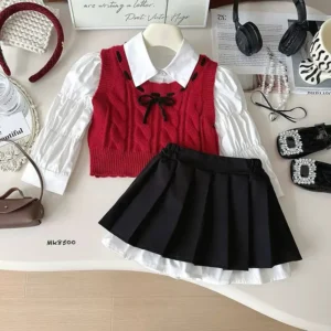 ست سه تیکه شومیز، دامن و ژیله دخترانه (مناسب کودکان ۳ تا ۷ سال)