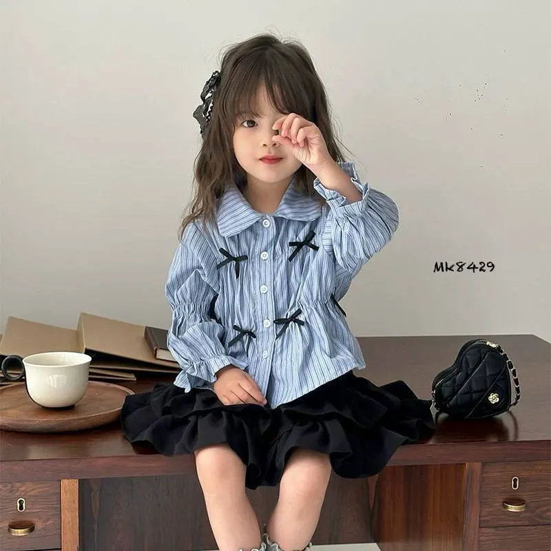 ست شومیز دامن آبی پاپیونی وارداتی (مناسب کودکان 2 تا 7 سال)