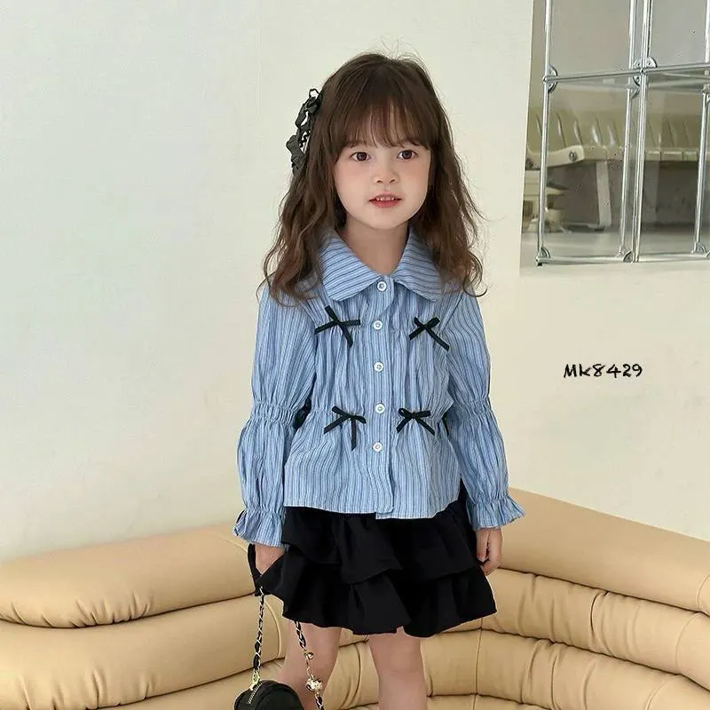 ست شومیز دامن آبی پاپیونی وارداتی (مناسب کودکان 2 تا 7 سال)