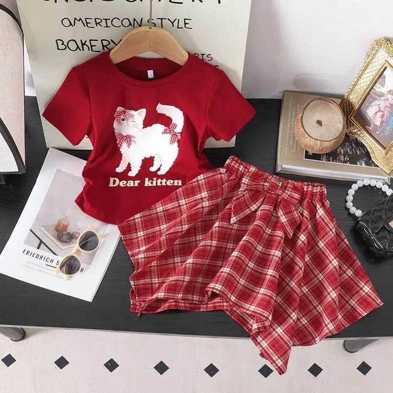 ست شومیز دامن طرح گربه (مناسب کودکان ۲ تا ۱۰ سال)