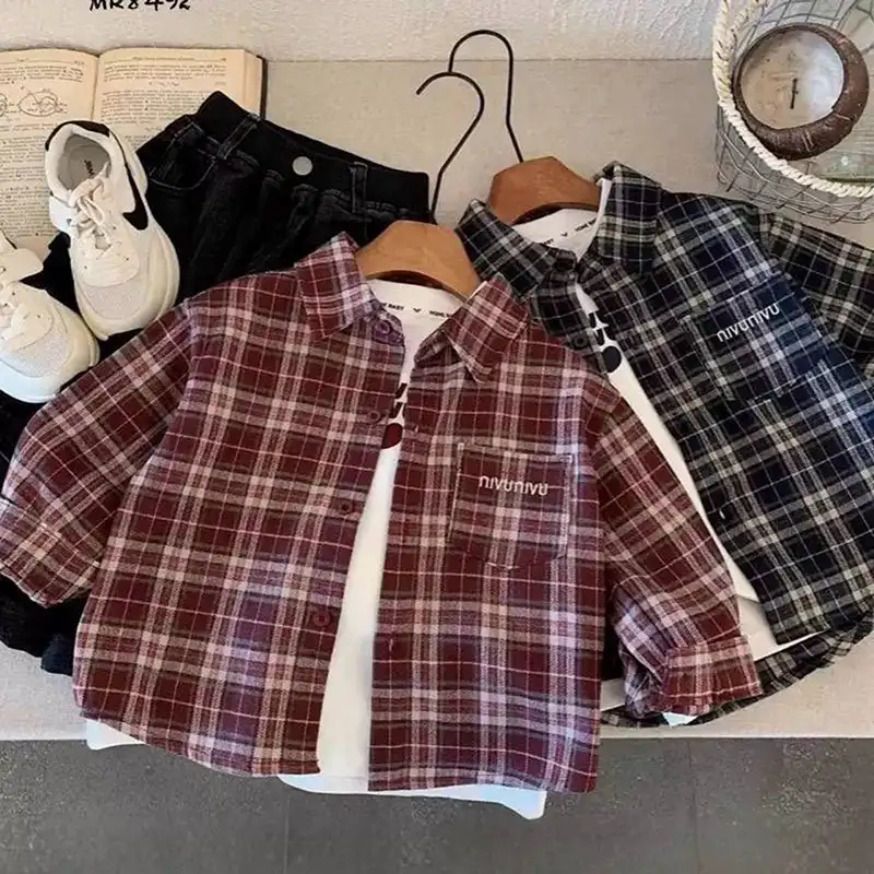 شومیز چهارخونه زرشکی وارداتی (مناسب کودکان ۲ تا ۱۲ سال)