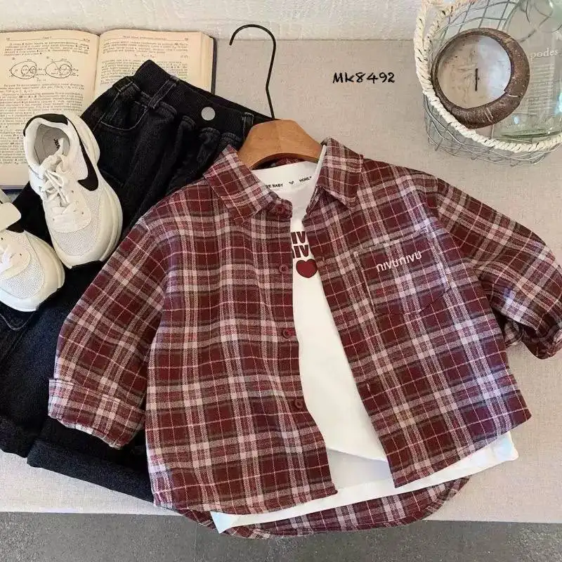 شومیز چهارخونه زرشکی وارداتی (مناسب کودکان ۲ تا ۱۲ سال)