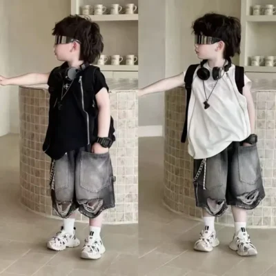 ست تیشرت و شلوارک جین زاپدار پسرانه (مناسب ۲ تا ۹ سال)