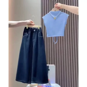 ست کراپ شلوار مجلسی دخترانه آبی (مناسب ۵ تا ۱۴ سال)